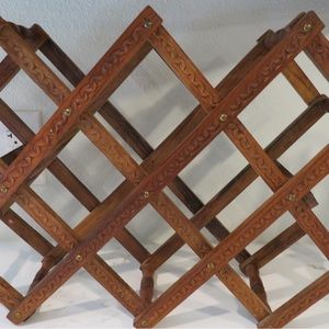 Vintage Ornate Teak Wood Folding Wine Bottle Rack Holds 8 Bottles